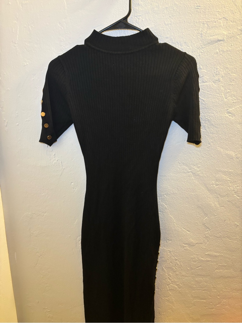 Black Ribbed Midi Dress with Button Detail